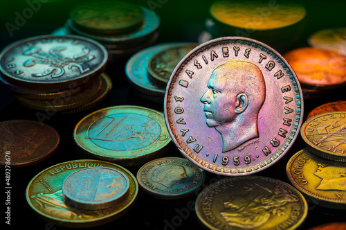 Greek drachma Coin 1959 pile Close Up Macro