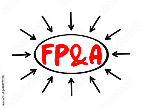 FP and A - Financial Planning and Analysis, set of activities that support an organization's financial health, acronym text with arrows