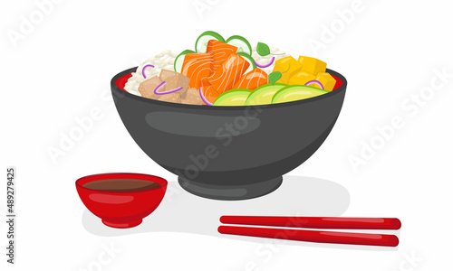 Salmon poke bowl with soya sauce, chopsticks illustration Hawaiian cuisine. Vector stock illustration isolated on white background for menu fast food restaurant with healthy, bio, organic meals. 