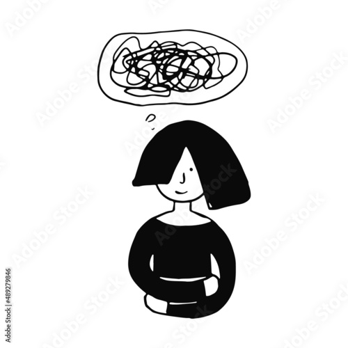 Vector black doodle woman with mess in mind. Concept of complicated thoughts, girl with bauble of chaotic lines and swirls