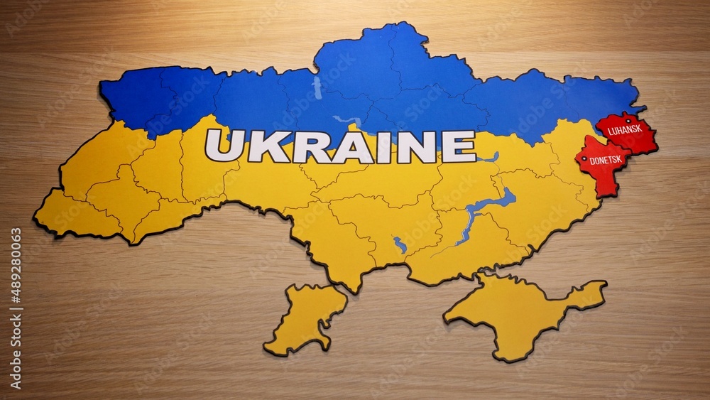 and Lugansk from the map of Ukraine in the form of a flag Stock
