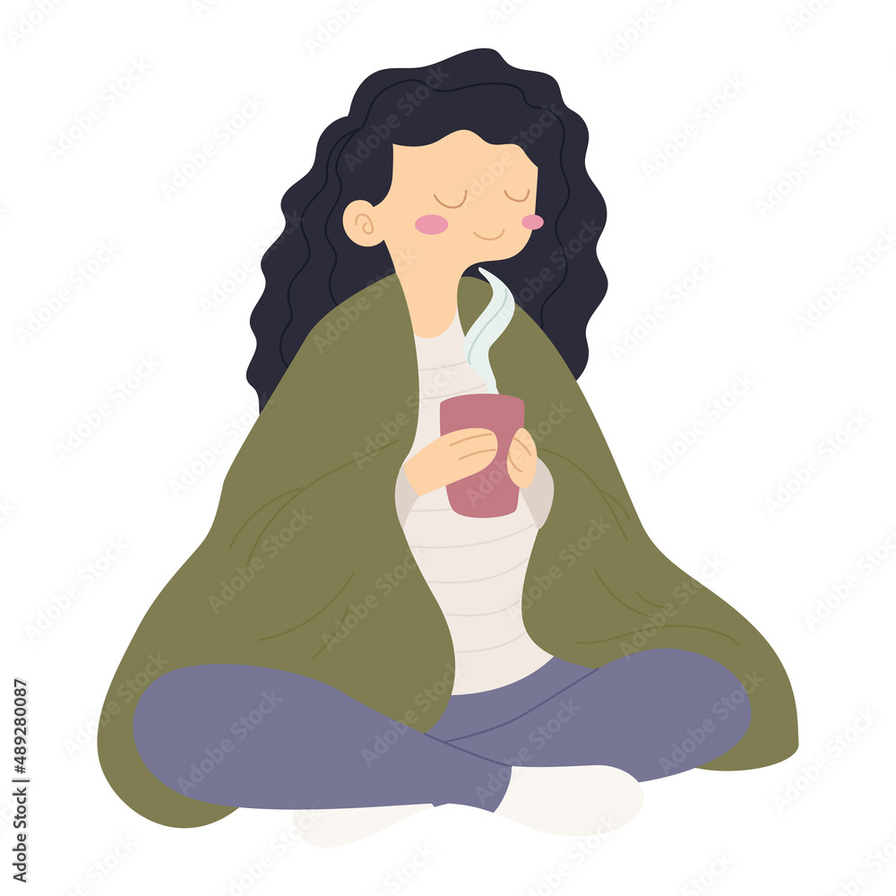 Relaxed warm woman drinking a coffee cup Hygge lifestyle Vector Relaxed warm woman drinking a coffee cup Hygge lifestyle Vector