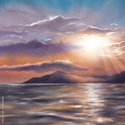 Summer evening sunset sundown over the sea ocean hill landscape digital watercolor art