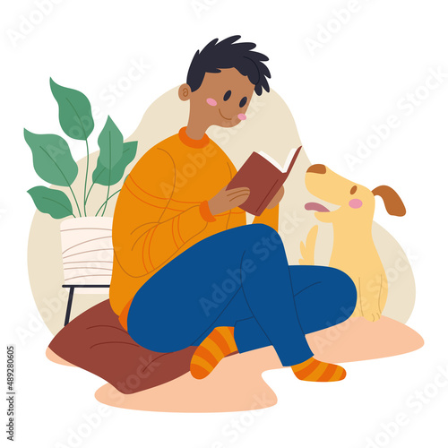 Man reading a book Happy dog cartoon Hygee lifestyle Vector