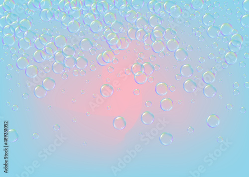 Suds bubble. Detergent bath foam and soap for bathtub. Shampoo. Rainbow 3d vector illustration template. Aqua fizz and splash. Realistic water frame and border. colorful liquid suds.