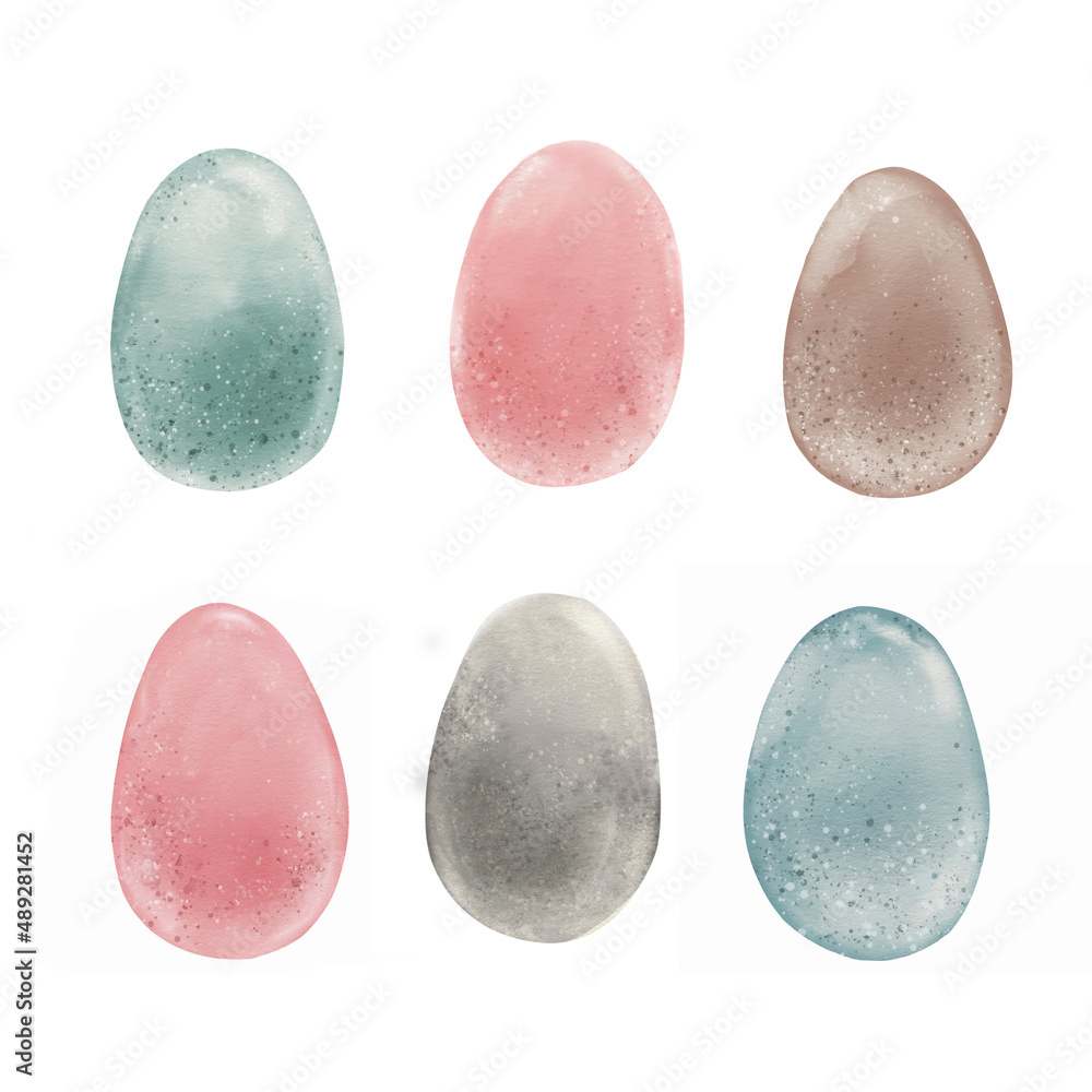 Set of hand drawn watercolor pastel eggs isolated at white background. Set of hand drawn watercolor pastel eggs isolated at white background.