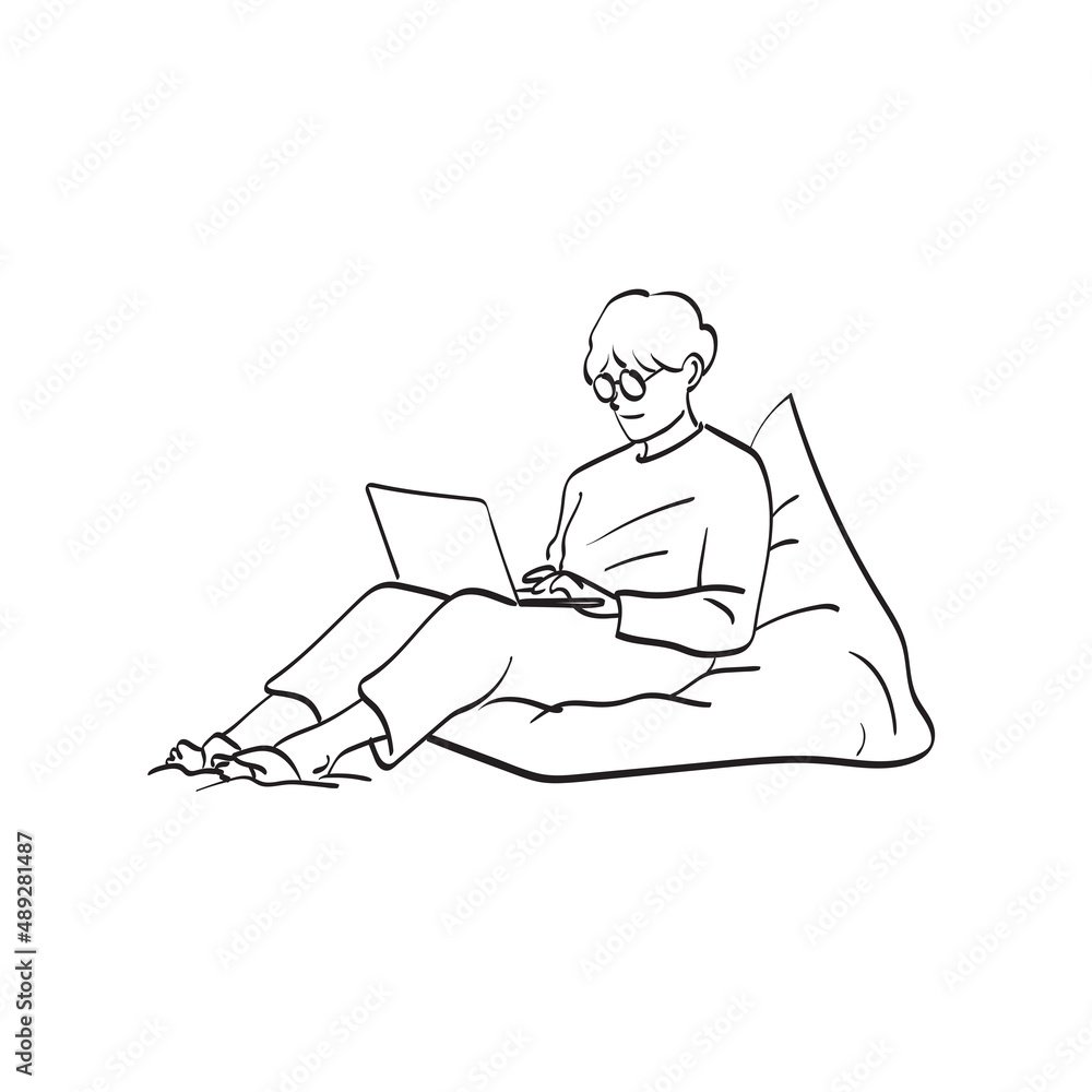 line art man with glasses using laptop computer on bean back illustration vector hand drawn isolated on white background line art man with glasses using laptop computer on bean back illustration vector hand drawn isolated on white background