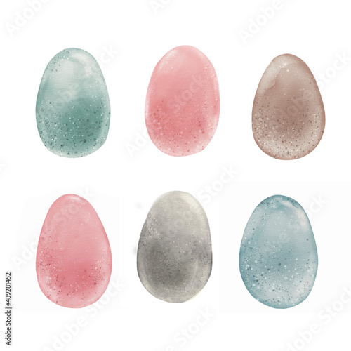 Set of hand drawn watercolor pastel eggs isolated at white background.