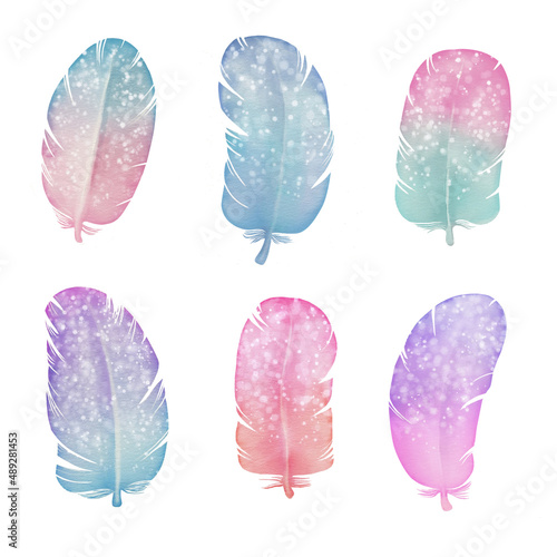 Set of hand drawn pastel gradient watercolor feathers. with glitter isolated at white background.