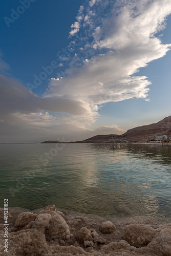 The brilliant colors of the Dead Sea and the clouds on a Winter's day in Israel.  © Barbara