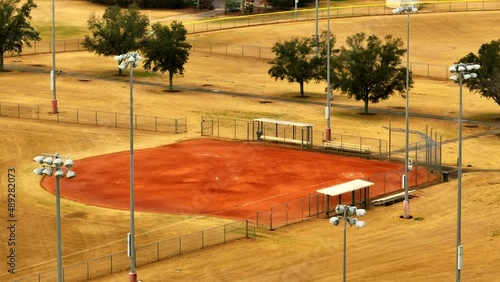 Aerial closeup baseball field with stadium lights photo