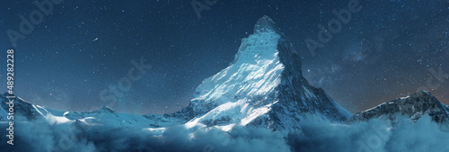 Fototapeta Naklejka Na Ścianę i Meble -  panoramic view to the majestic Matterhorn mountain at night with milky way