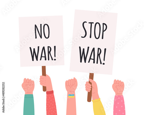 People holding banners and placards. No war concept. Street demonstration, placard protest, political revolution, demonstrate. Vector illustration