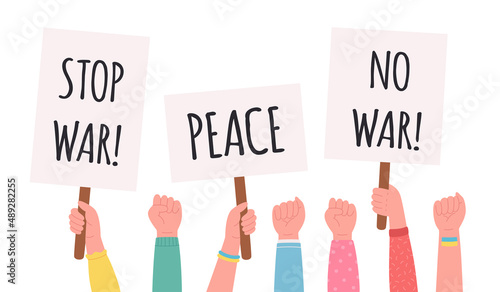 People holding banners and placards. No war concept. Street demonstration, placard protest, political revolution, demonstrate. Vector illustration