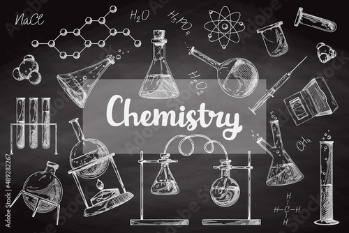 Set of different pharmaceutical flasks, beakers and test tubes. Sketch of chemical laboratory objects on a chalk board.