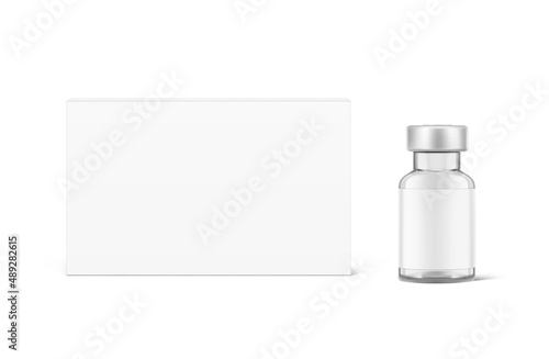 Transparent glass bottle for injections mockup near the cardboard box. Vector illustration. Can be use for medicine, cosmetic and other. EPS10.	