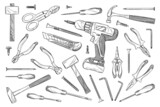 Set of various construction tools in sketch style. Vector illustration