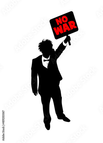 A man holds a poster No War. Vector illustration