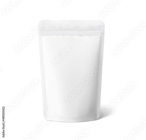 Realistic stand up pouch bag mockup isolated on white background. Vector illustration. Front view. Perfect to make final pack shot your product. EPS10.	 photo