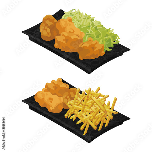 イラスト素材：美味しいおかずの皿　揚げ物セット