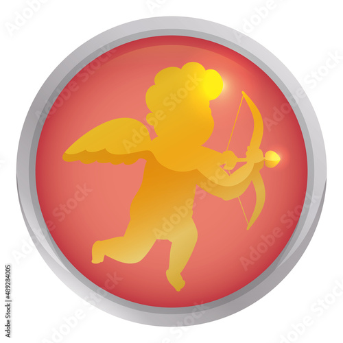 Round button with golden cherub Cupid inside it  Vector illustration