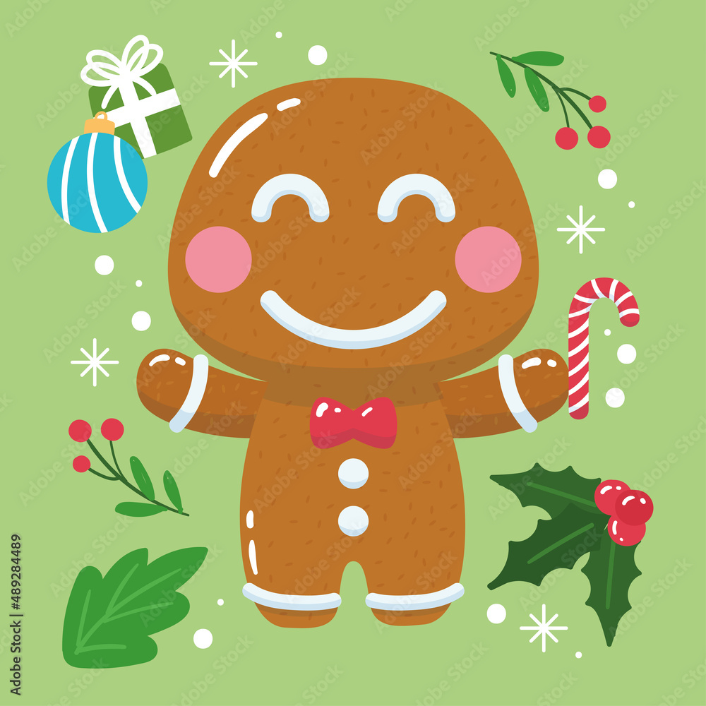 Fototapeta premium Gingerbread man cartoon kawaii Christmas decoration Vector