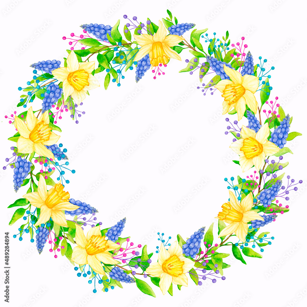 Wreath of spring flowers. Natural decoration. For the design of greeting cards, wedding invitations, birthday, mother's day, for posters, textiles, labels, logo with place for text.