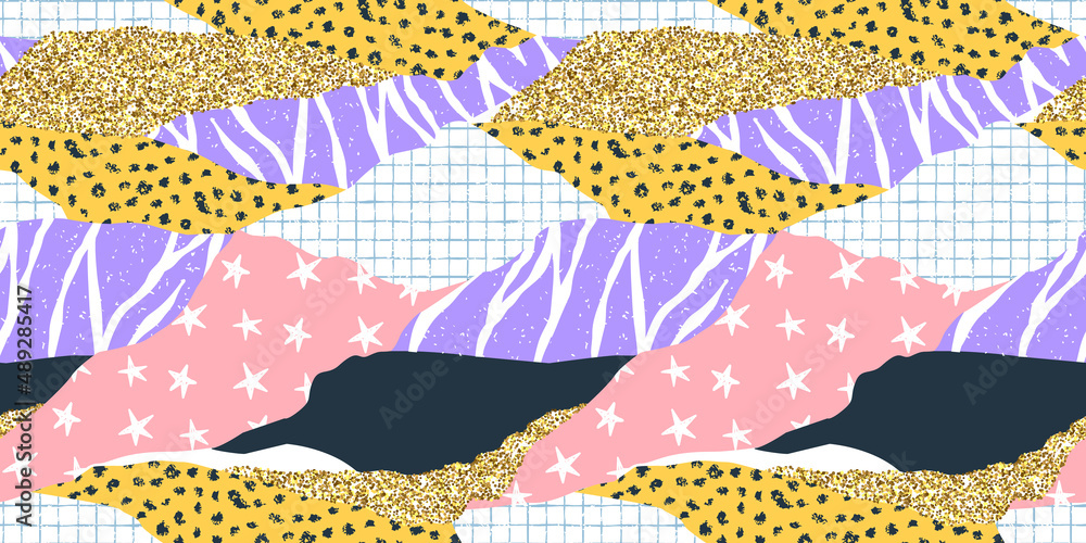 Abstract children paper scrapbook seamless pattern. Fun retro background illustration. Pink girl wallpaper design with gold glitter.