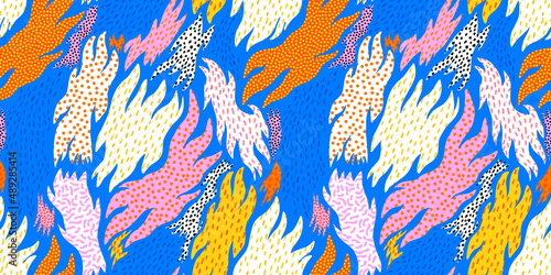 Abstract hand drawn shapes doodle seamless pattern. Fun retro background illustration. Marker drawing in bright colorful style.