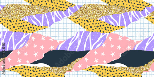 Abstract children paper scrapbook seamless pattern. Fun retro background illustration. Pink girl wallpaper design with gold glitter.
