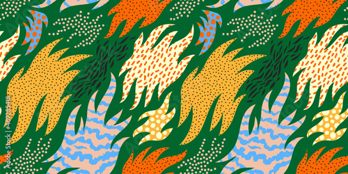 Abstract hand drawn shapes doodle seamless pattern. Fun retro background illustration. Marker drawing in bright colorful style.