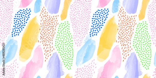 Abstract hand drawn shapes doodle seamless pattern. Fun children art background illustration. Color pencil drawing in bright colorful style.