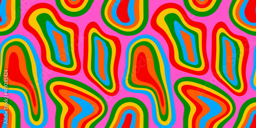 Abstract psychedelic seamless pattern illustration with colorful LSD trippy shapes in retro art style. 60s hippie or drug concept background design.