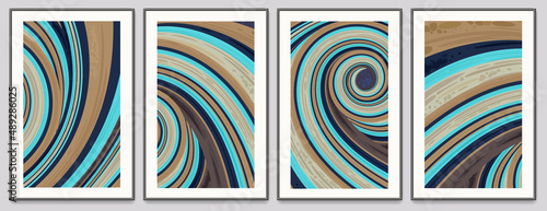 A quartet of artistic vector images with abstract waves and nautilus shell coils and swirls in a gallery layout. This artwork is in a palette of blues and tans, and has a paper marbling quality.