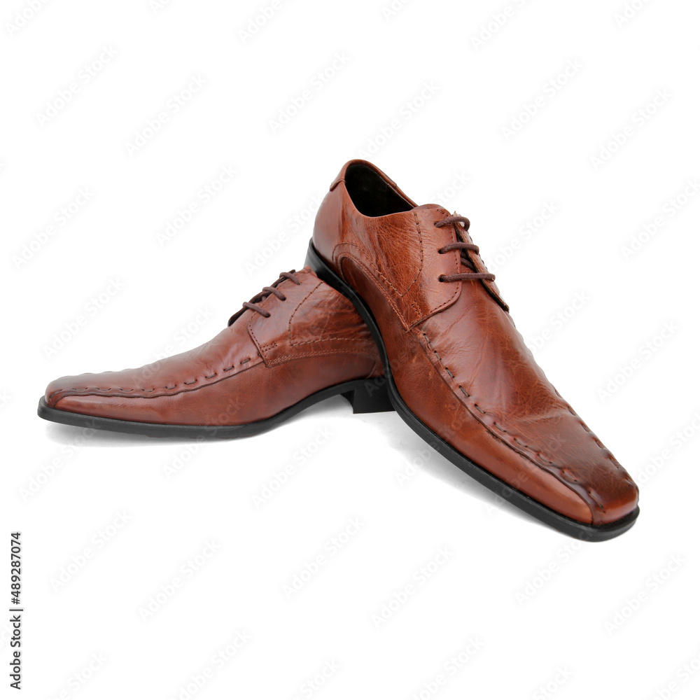 Male brown leather shoes on white background, isolated product.