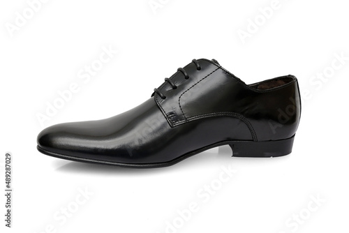 Male black leather shoe on white background, isolated product.