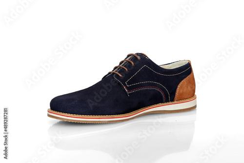 Male blue leather shoes on white background, isolated product.