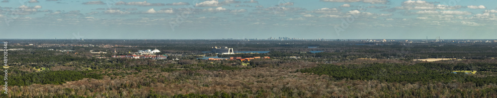 Orlando, FL, USA - February 20, 2022: Aerial panorama photo of Walt Disney World Magic Kingdom