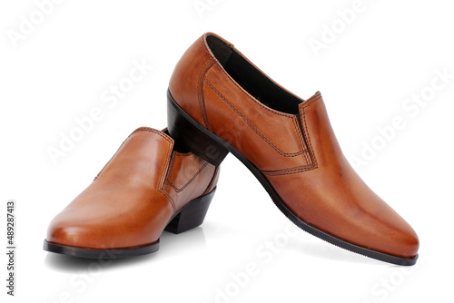 Male brown leather shoes on white background, isolated product.