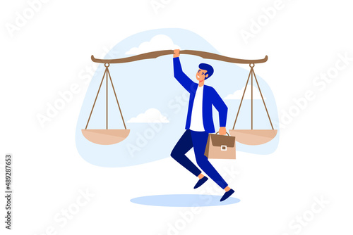 Principles and business ethic to do right things, social responsibility or integrity to earn trust, balance and justice for leadership concept, confident businessman leader lift balance ethical scale.