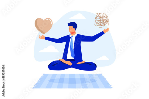 Stress management balance between work concentration and mental health, work life balance or meditation and relax, businessman meditate floating balancing messy chaos and work passion heart shape.