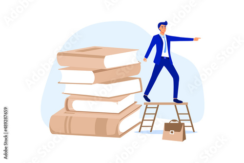Business skills for career opportunity, knowledge or education for future job, challenge and personal improvement, reading list concept, businessman climb up ladder on books stack for good vision.