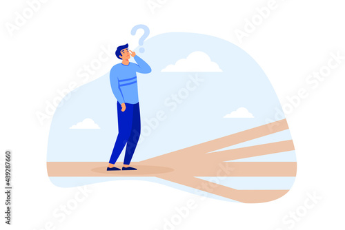 Business direction, choosing options or multiple path, make decision for career path or business growth, paradox of choice concept, confused businessman thinking make decision on multiple route ahead.