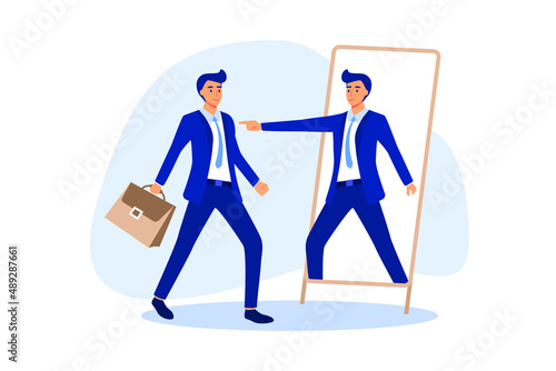 Self esteem or self care, believe in yourself improving confident, respect in your strong attitude concept, frustrated businessman looking at mirror with his shadow encourage his confidence.