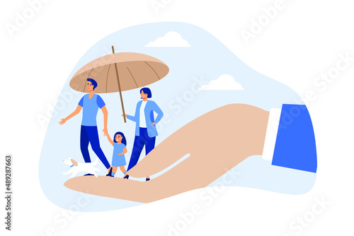 Life insurance, family protection to assure members will be financially supported and risk cover concept, lovely family with husband, wife and kids in supporting hand with umbrella cover protection.