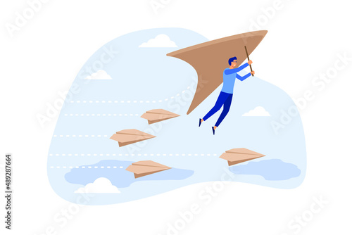 Innovative way to win business competition, think difference or choose our own winning direction, ambition and creativity concept, businessman flying on glider in growth direction to win the challenge
