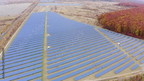 Wallpaper Mural panorama of a field of solar panels providing clean "green" electricity to European enterprises, factories and people. Located in Ukraine. Red oak forest, drone flight Torontodigital.ca