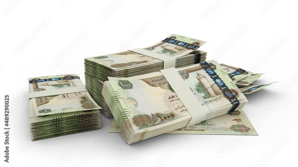 3d rendering of Stack of 1000 United Arab Emirates dirham notes. bundles of UAE currency notes isolated on white background - obrazy, fototapety, plakaty 