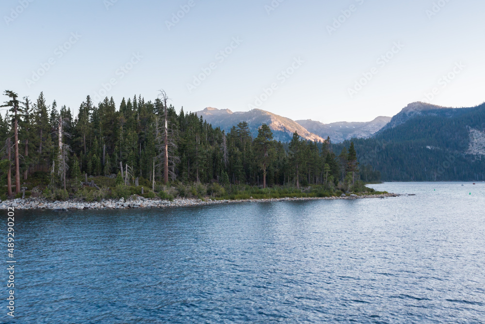 Lake Tahoe coastline in sunset. View from the Emerald Bay, California, USA Lake Tahoe coastline in sunset. View from the Emerald Bay, California, USA