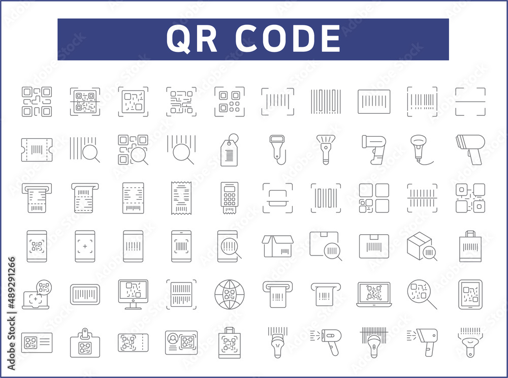 Set of QR code and scan icons line style. It contains such Icons as bar code, label, qr, tag, scanner, pay, digital and other elements.